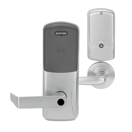 Schlage CO-200-993R-70-PR-RHO-626-LD-RHR Rim Exit Trim Standalone Electronic Lock with Prox Reader, Classroom/Storeroom, Less Cylinder, Satin Chrome