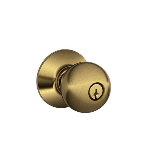 Schlage F51A ORB 609 Grade 2 Orbit Entry Knob Lockset, Dual Option Deadlatch, KA2, Adjustable Backset, Antique Brass