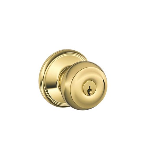 Schlage F51A GEO 605 Grade 2 Georgian Entry Knob Lockset, Dual Option Deadlatch, KA2, Adjustable Backset, Bright Brass