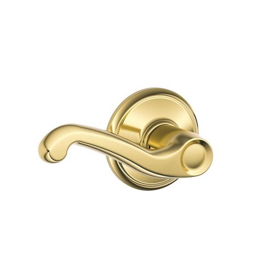 Schlage F10 FLA 605 Grade 2 Flair Passage Reversible Lever Lockset, Dual Option Springlatch, Adjustable Backset, Bright Brass