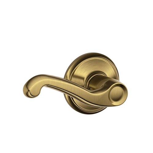 Schlage F10 FLA 609 Grade 2 Flair Passage Reversible Lever Lockset, Dual Option Springlatch, Adjustable Backset, Antique Brass