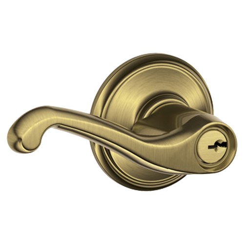 Schlage F51A FLA 609 Grade 2 Flair Entry Reversible Lever Lockset, Dual Option Springlatch, Adjustable Backset, Antique Brass