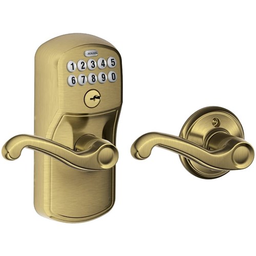 Schlage FE575 PLY 609 FLA - Residential Keypad Entry Auto Lock, Storeroom, Plymouth Trim, Flair Lever, Antique Brass