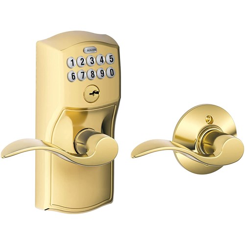 Schlage FE575 CAM 505 ACC - Residential Keypad Entry Auto Lock, Storeroom, Camelot Trim, Accent Lever, Bright Brass