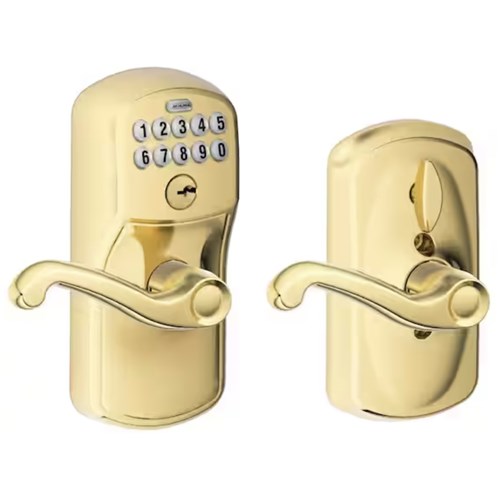 Schlage FE595 PLY 505 FLA - Residential Keypad Entry Flex Lock, Entry, Plymouth Trim, Flair Lever, Bright Brass