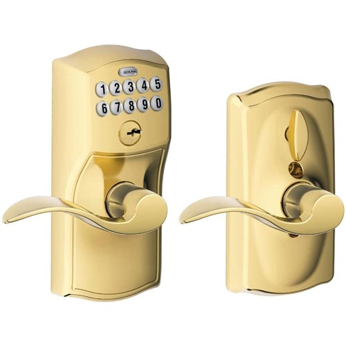 Schlage FE595 CAM 505 ACC - Residential Keypad Entry Flex Lock, Entry, Camelot Trim, Accent Lever, Bright Brass